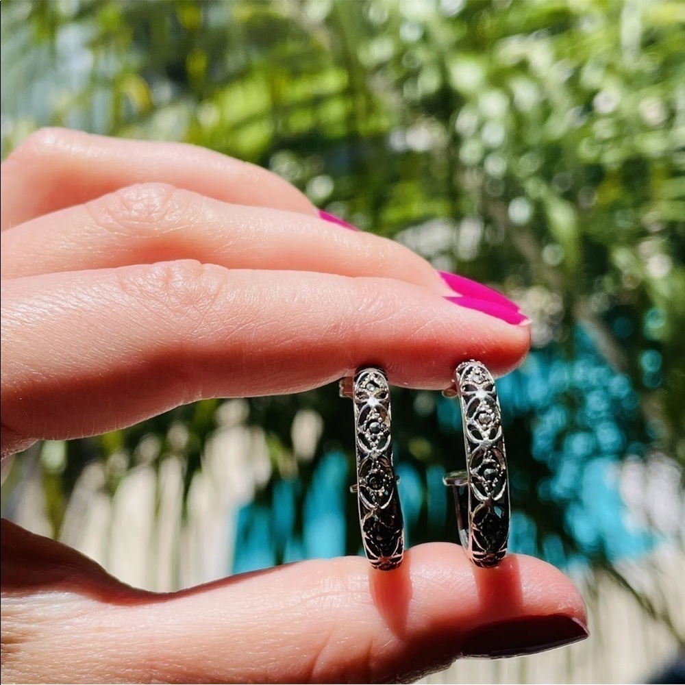 Ornate Hoop Cross Sterling Silver And Marcasite Earrings - Picture 3 of 9